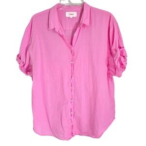 Xirena Pink Cotton Ruched Short Sleeve Button Down Shirt Women Small Made in USA